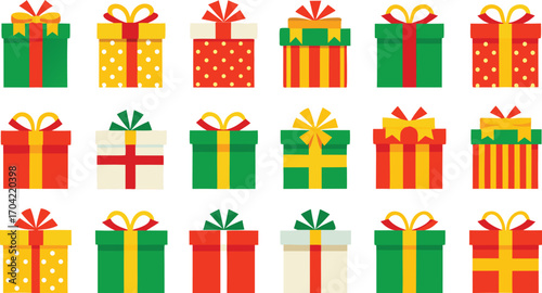 Christmas gifts set, New Year presents, gift boxes with ribbons, vector illustration on transparent background