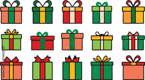 Christmas gifts set, New Year presents, gift boxes with ribbons, vector illustration on transparent background