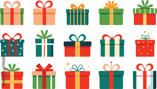 Christmas gifts set, New Year presents, gift boxes with ribbons, vector illustration on transparent background