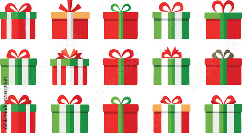 Christmas gifts set, New Year presents, gift boxes with ribbons, vector illustration on transparent background