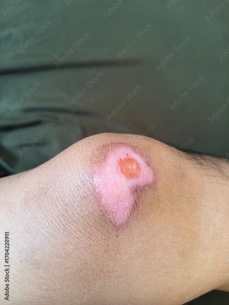 Fototapeta premium Close-up of a fresh abrasion or scrape on a person's knee, with visible skin damage and redness. A clear representation of a minor injury.