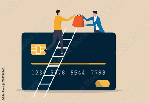 Electronic payment for online shopping, credit or debit card payment order via e-commerce website concept, customer on ladder above credit card get all shopping bags from shop owner, online payment