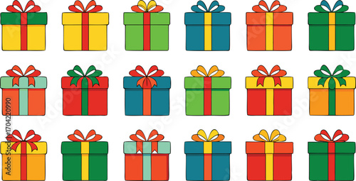 Christmas gifts set, New Year presents, gift boxes with ribbons, vector illustration on transparent background