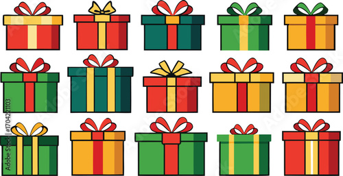 Christmas gifts set, New Year presents, gift boxes with ribbons, vector illustration on transparent background