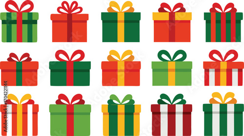 Christmas gifts set, New Year presents, gift boxes with ribbons, vector illustration on transparent background