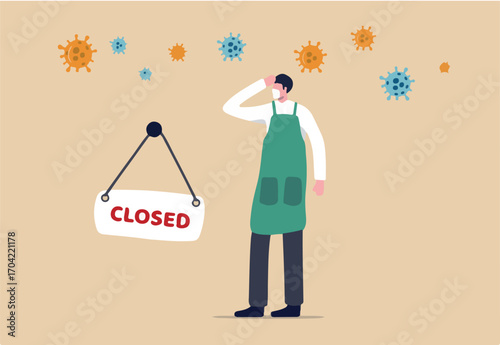Coronavirus COVID-19 social distancing impact on entrepreneur or small business shop to closed with problem of employment, sad man business shop owner with closed sign and COVID-19 virus pathogen.