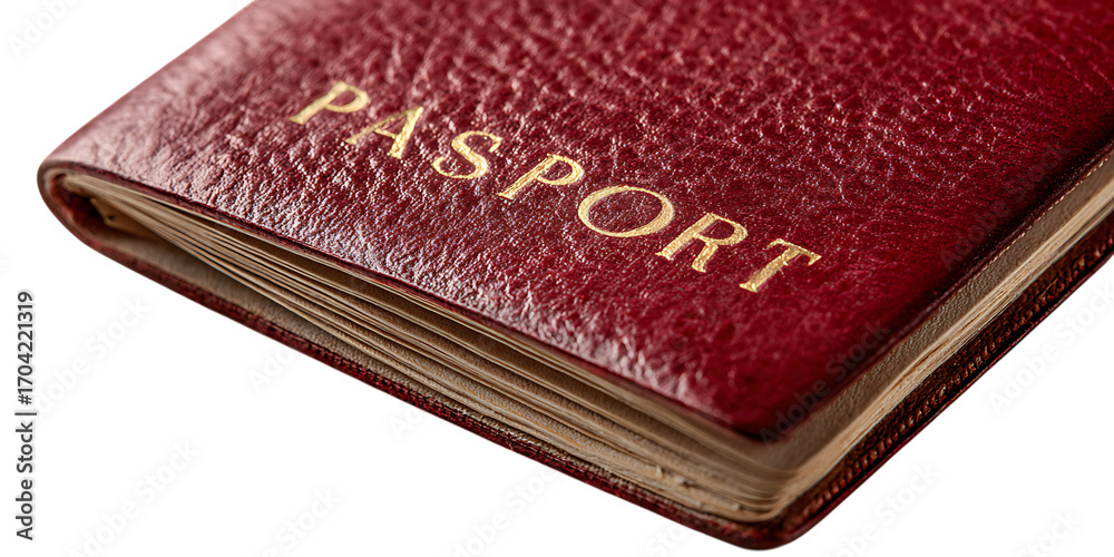Fototapeta premium Red leather passport detail. Travel, immigration, journey concept.