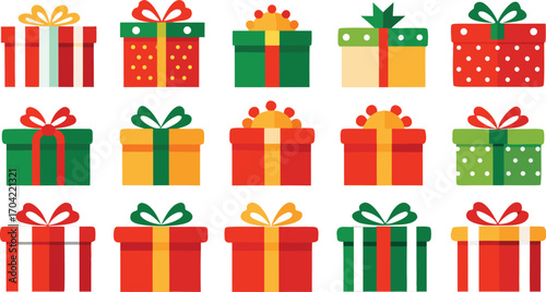 Christmas gifts set, New Year presents, gift boxes with ribbons, vector illustration on transparent background