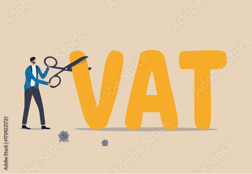 Government money policy to cut VAT or reduce tax rate to help economic recovery after COVID-19 Coronavirus pandemic, government, FED and central bank using scissors to cut or lower VAT rate.