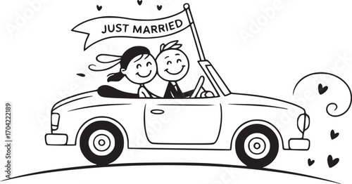 Newlyweds' Joyride: Capturing the exhilaration and excitement of newlyweds as they embark on their journey of love and unity, in a heartwarming and whimsical sketch of their joyous celebration.