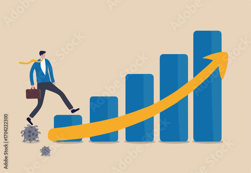 Economic recovery after Coronavirus COVID-19 crisis, post pandemic concept, working businessman investor or company leader walking on Coronavirus pathogen to growing up economic bar graph arrow up.