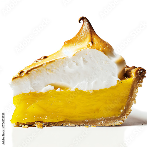 A slice of lemon meringue pie with a golden-brown toasted meringue topping and a bright yellow custard filling.