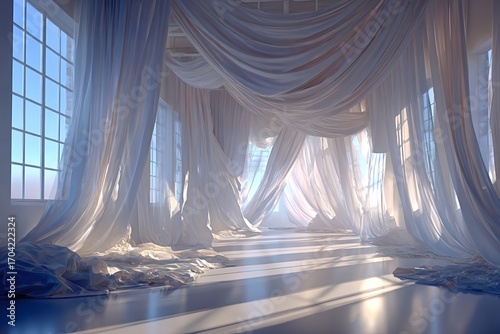 Sunlight is streaming through large white curtains draped across an empty room with large windows, creating a dreamy and ethereal atmosphere