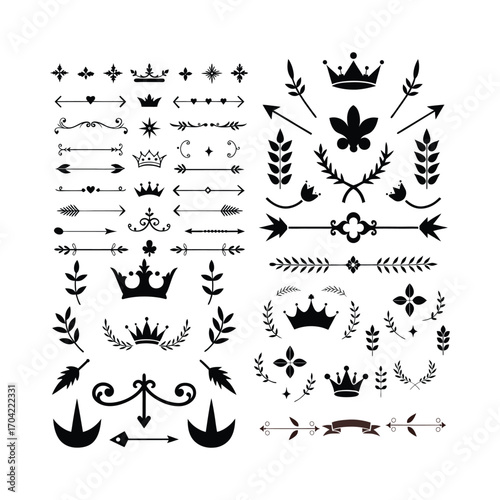 Vintage Black Page Decor with Royal Crowns, Arrows and Floral Elements