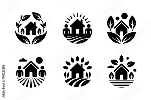 Six Circular Home & Nature Icons: Variations of House, Leaves, People, Sun, and Fields in Solid Black