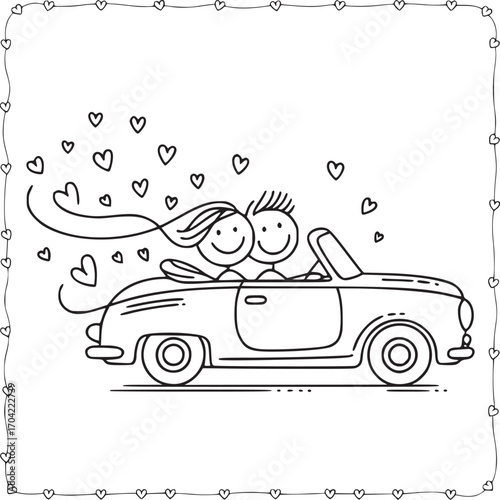 Love on Wheels: A delightful line art illustration showcases a happy couple cruising in a classic car, surrounded by a flurry of heart-shaped symbols that evoke the romance of the open road.