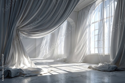 Sunlight streaming through large windows highlights a pristine white marble floor in an elegant room, where sheer white curtains gently sway, creating a bright and airy atmosphere