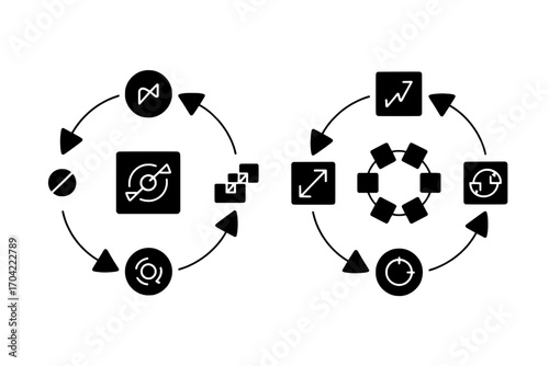 Two Circular Process Diagrams: Black Solid Icons with Arrows, White Background