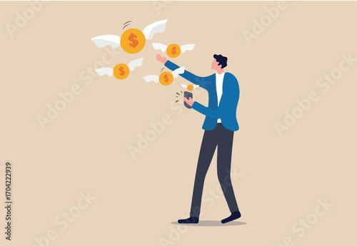Financial smart phone application, online money transaction or mobile banking concept, young adult man using mobile banking application to transfer money or make online shopping transaction.