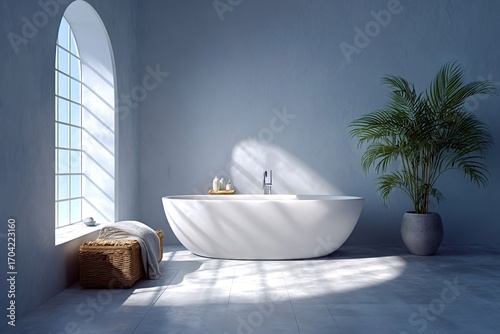 Sunlight streaming through an arched window illuminates a modern minimalist bathroom with a sleek oval bathtub, a potted plant, and a wicker stool, creating a serene atmosphere