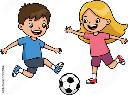 Happy kids playing soccer together in park, boy and girl kicking football, cartoon children enjoying outdoor sports activity fun.