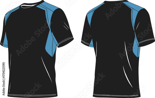 Black athletic T-shirt front back view, blue shoulder side panels, round neck, short sleeve, sport fashion apparel, performance wear illustration