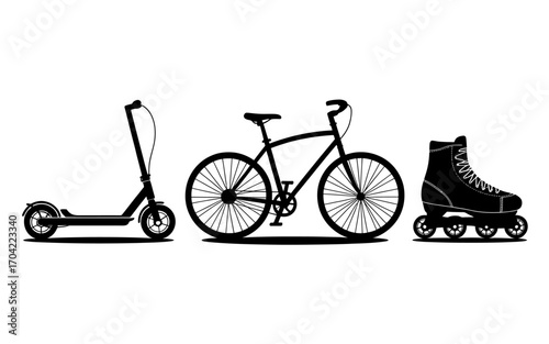 Silhouette of Personal Transportation Devices Scooter Bicycle and Rollerblades in Black and White Representing Eco Friendly Travel Options