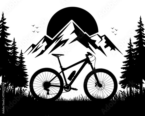 Mountain Bike Silhouette in Nature Landscape with Mountains Sun and Trees in Black and White