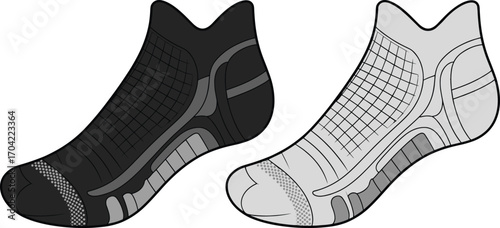 Low cut athletic socks front view, black gray design, cushioned sole, grid mesh upper, reinforced heel toe, sport performance footwear illustration