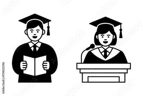 Two Graduation Icons: Male Graduate Reading and Female Graduate at Podium - Black and White Vector Illustration