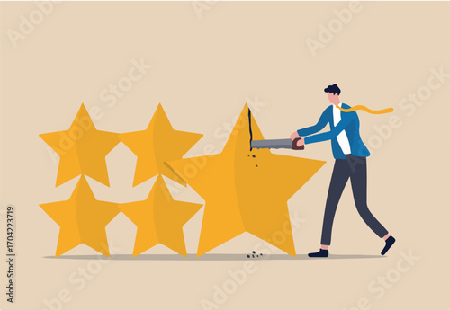 Investment rating downgrade, credit score of mortgage or bond or corporate loan concept, businessman credit score staff sawing star to downgrade or reduce score.