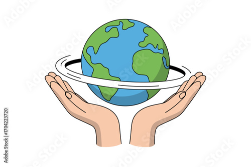Illustration of Hands Holding Earth with Rotating Ring Representing Sustainability and Environmental Responsibility Promoting Global Awareness and Conservation Efforts