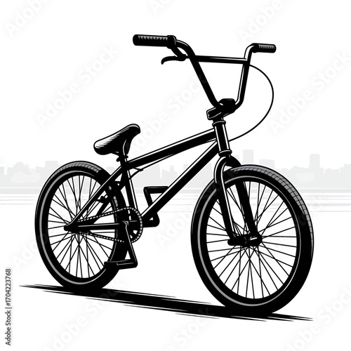 BMX Bike Illustration with City Skyline Silhouette A Modern Black and White Graphic Design for Urban Lifestyle