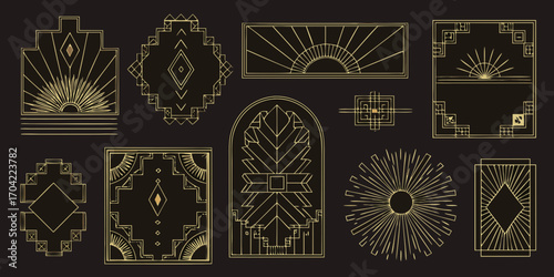 Collection of art deco geometric decorative elements and frames with sunburst motifs in gold on black background