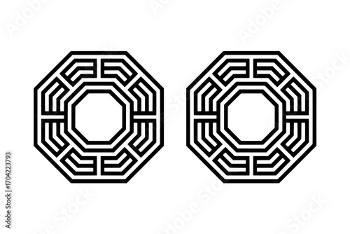 Two Identical Octagonal Dharma Wheel Symbols: Black Line Art Icons on White Background