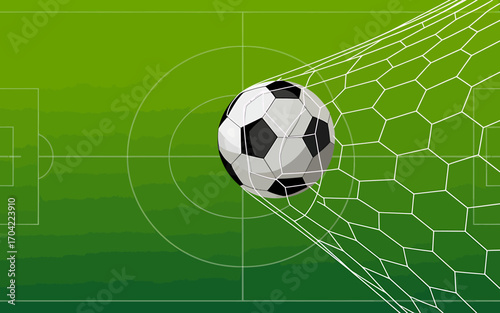 Dynamic soccer ball hitting the net in a thrilling game concept with green field backdrop and energetic motion blur
