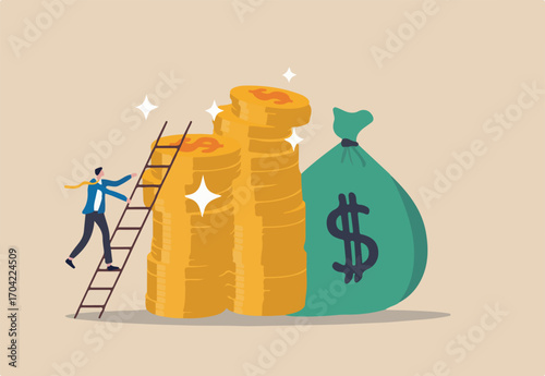 Ladder of success in financial target, career path income achievement or investment for retirement concept, young businessman climbing the ladder to top of stack of money coins rich and wealthy goals.