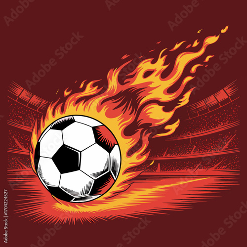 Flaming Soccer Ball in Stadium Illustration with Intense Fire Effect and Red Tones Sports Concept Art