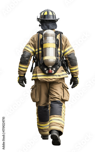 This image shows a firefighter from a rear perspective, walking away, dressed in full protective gear including a helmet, bunker coat, and air tank.