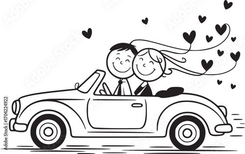 Honeymoon Drive: A cartoon illustration of a happy couple driving off into a bright future in a vintage convertible car, surrounded by cheerful hearts and flowing lines, symbolic of love.