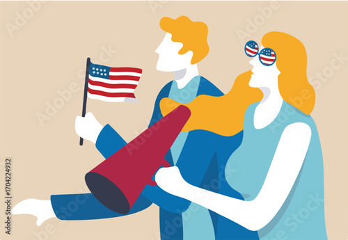 US Presidential election, United States leader vote or people voters waiting for presidential result concept, excite young people US voters hold megaphone and US national flag waiting for vote result.