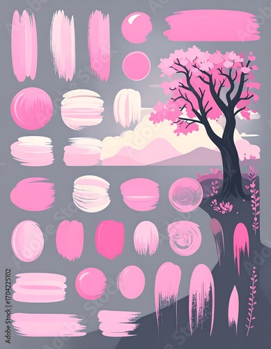 Pink paintbrush strokes and shapes, with a landscape background
