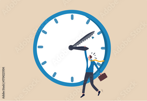 Project deadline, time countdown for agreement timeline to finish work concept, frustrated stress businessman holding clock hour hands while minute hand having saw passing to appointment time.