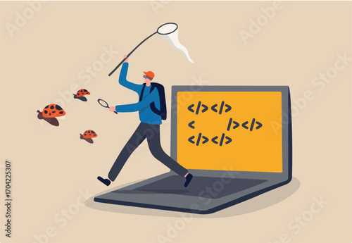 Programming debug search for application software bug and fix code concept, young nerd programmer, coder or software tester running from computer laptop using debugging tools to catch ladybugs.