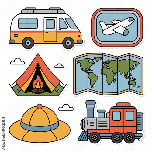 Travel and Adventure Stickers Set Vector png isolated cutout background