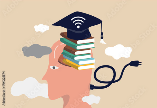 Online study, remote university or e-learning and internet teaching or online education concept, smart man with stacked of books insert into his brain with graduation hat with internet wifi signal.