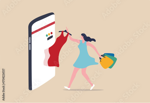 Online shopping e-commerce or buy and purchasing products through computer website and mobile app concept, beauty young lady holding shopping bags pulling stylish dress from smartphone, mobile display