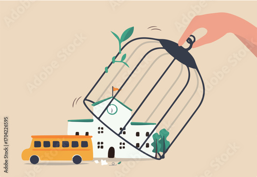 School reopen and keep social distancing after COVID-19 lockdown to prevent Coronavirus spreading in children concept, hand open bird cage over school to let school bus to go to pick up students.