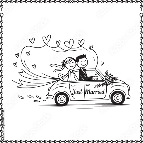 Just Married couple: A sketch illustration showcases a newly married couple in a car, joyfully driving, accompanied by heart symbols, evoking the emotion of the day.