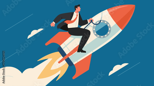 A business figure riding an ascending rocket, hand-drawn vector illustration